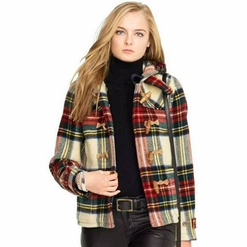 Polo Ralph Lauren wool duffle .Tartan plaid toggle pockets,hood. Winter Holiday